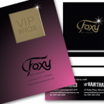 Loyalty card deisgned and finished on plastic presented in a folded 400gsm wallet for Foxy in Newcastle.